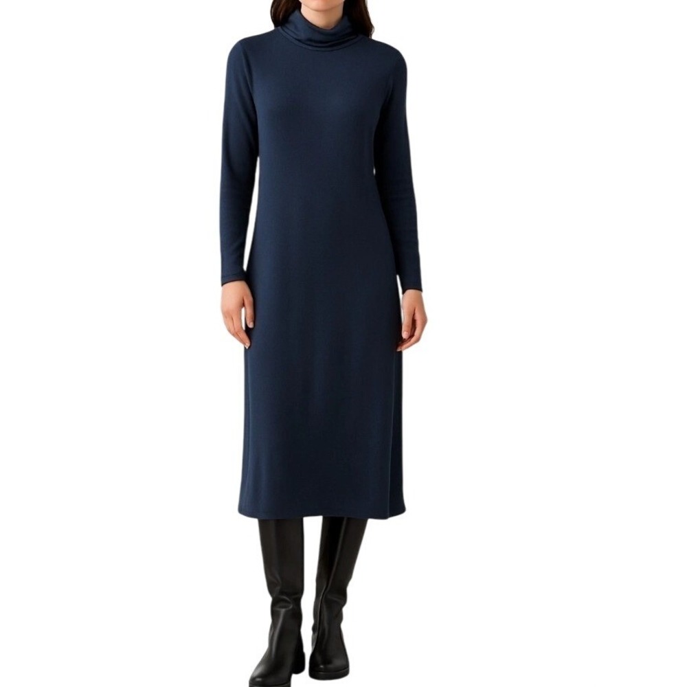 J Jill Pure Jill Luxe Tencel Shift Dress Womens XL Blue Turtleneck Liquid Drape - Picture 1 of 16